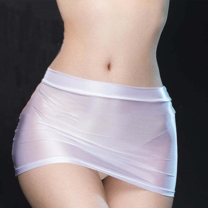 Rok Bodycon transparan elastis berkilau minyak wanita rok Mini wanita erotis Solid pakaian klub tipis celana pendek pinggang rendah