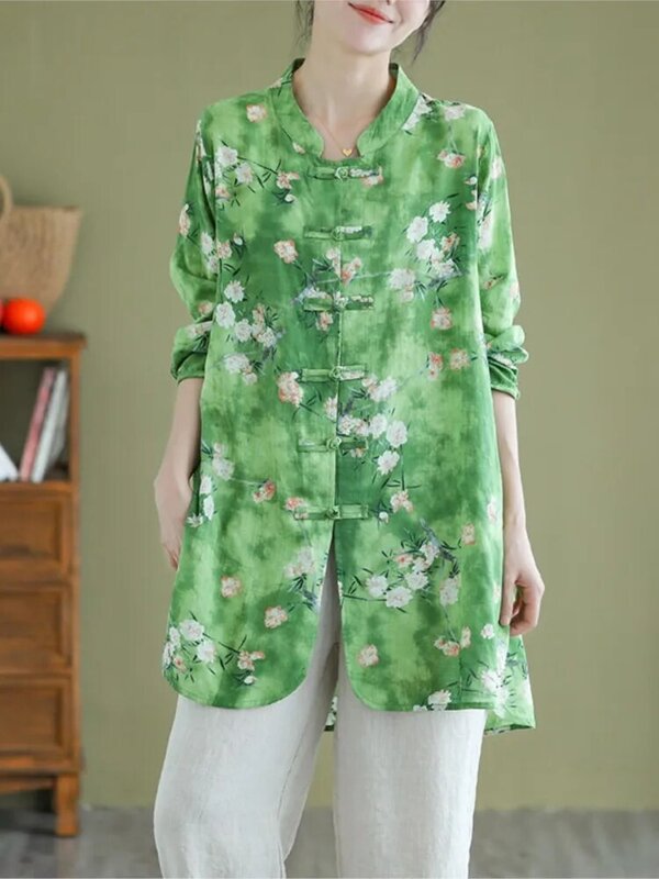 Camicie a maniche lunghe oversize primavera estate top donna stile cinese stampa floreale camicette da donna di moda camicette larghe da donna