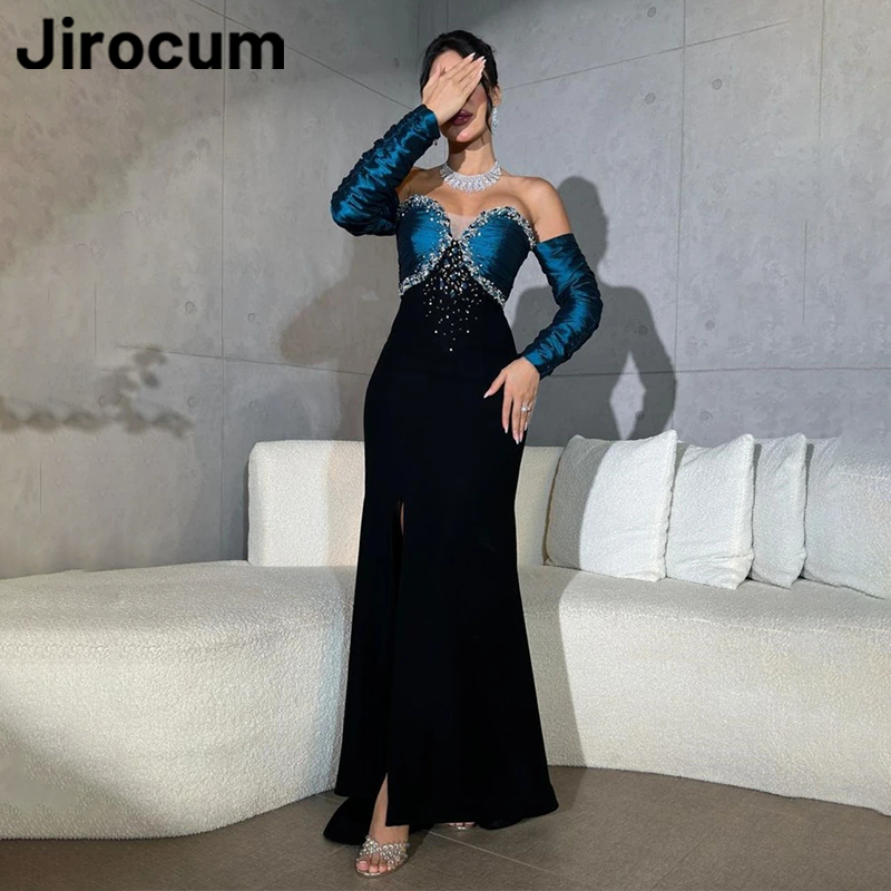 Jirocum Sweetheart Long Sleeve Prom Dress Women's Blue Crystal Party Evening Gown Side Slit Mermaid Elegant Formal Occasion 2024