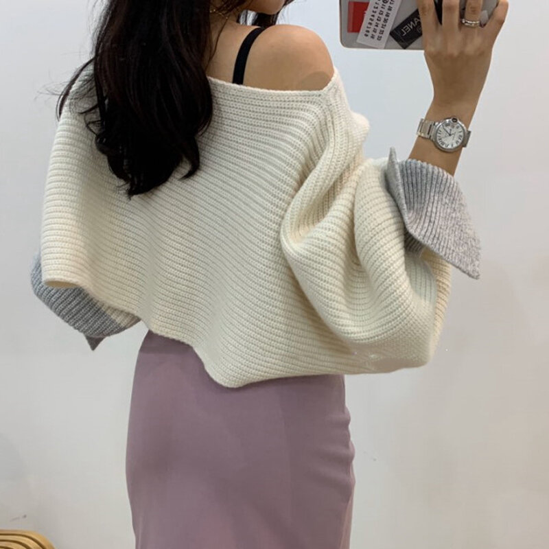 Korean Fashion Thick Pullover Short Sweater Knitted Women Loose Off Shoulder Sexy Lantern Sleeve Tops Mujer Winter Clothes 24213