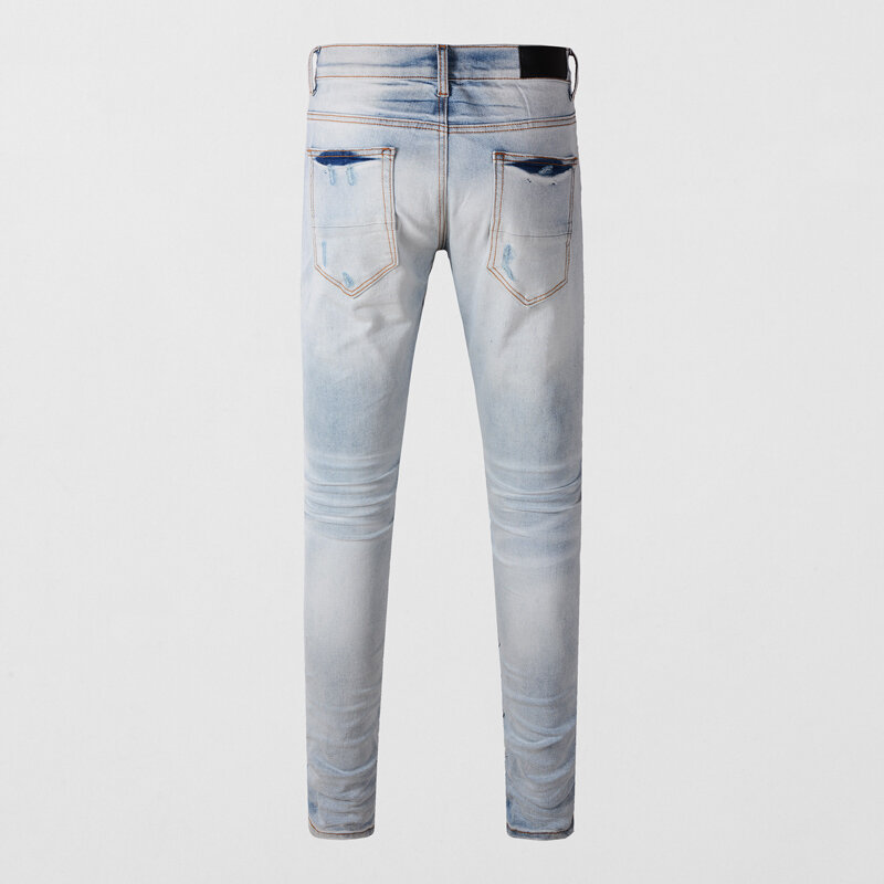 Jeans rasgado retro azul claro dos homens, calças de marca designer, moda de rua alta, designer, Hip Hop