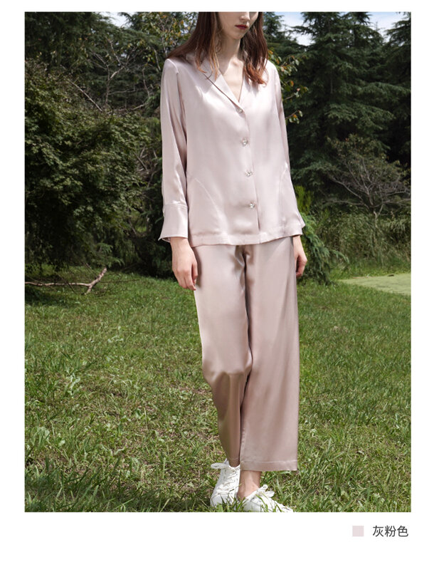 Birdtree Set piyama sutra asli, celana lengan panjang kerah polos sederhana bersirkulasi nyaman musim semi wanita loun25 MM 100%