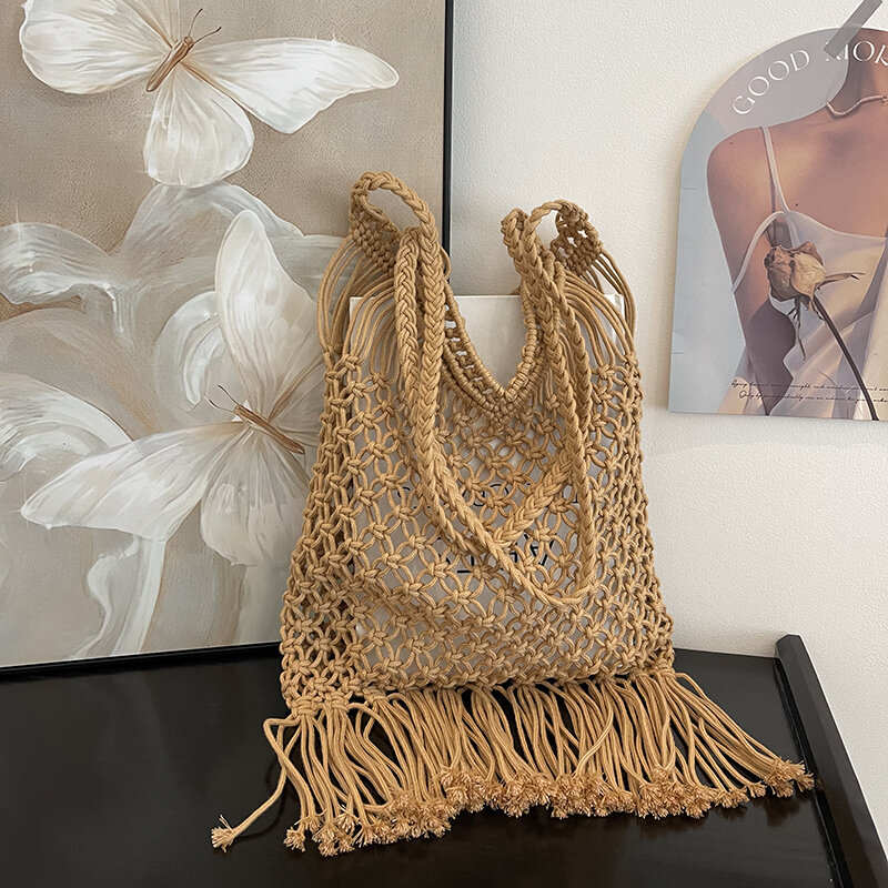 Женская соломенная сумка с кисточками, Повседневная плетеная Сумка через плечо, летняя пляжная сумка-мешок для путешествий, 2024