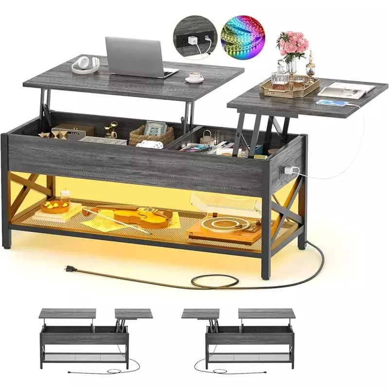 Meja pusat kopi, meja angkat atas dengan lampu LED dan saluran listrik meja kopi bingkai logam untuk kayu ruang tamu X mendukung ek hitam