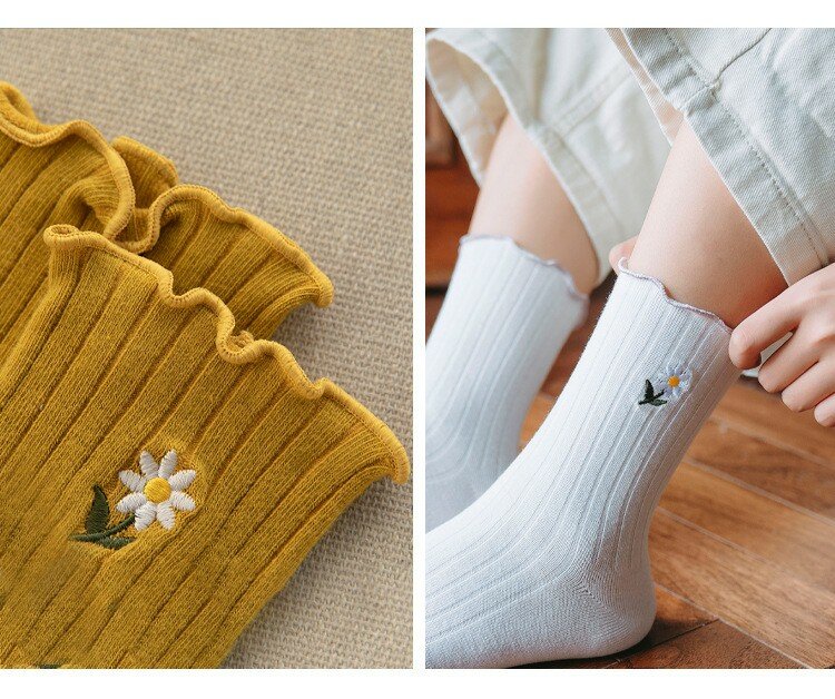 Женские носки с оборками, модные милые хлопковые Дышащие носки в японском стиле, милые повседневные милые носки с цветочной вышивкой для девочек