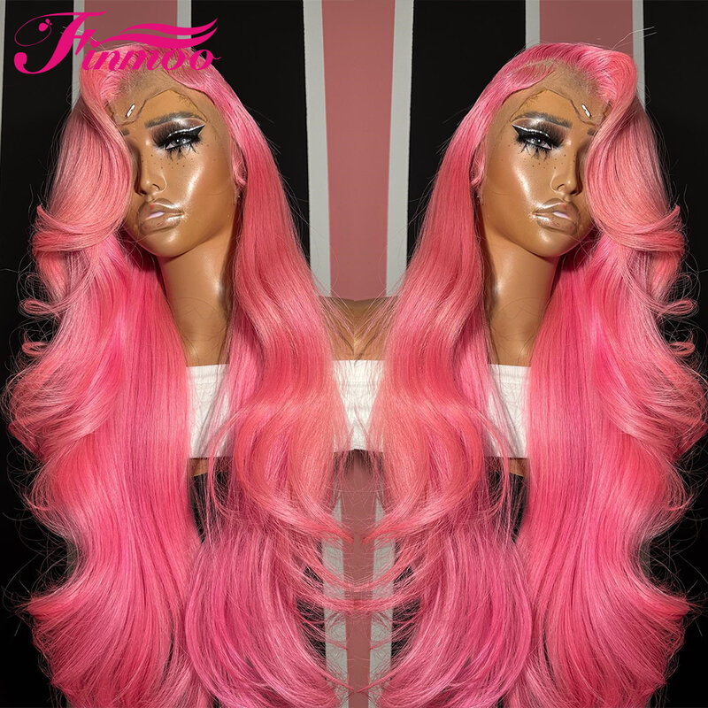 Peluca de cabello humano Remy brasileño, postizo de encaje Frontal transparente, sin pegamento, color rosa, 13x6, HD, predesplumada