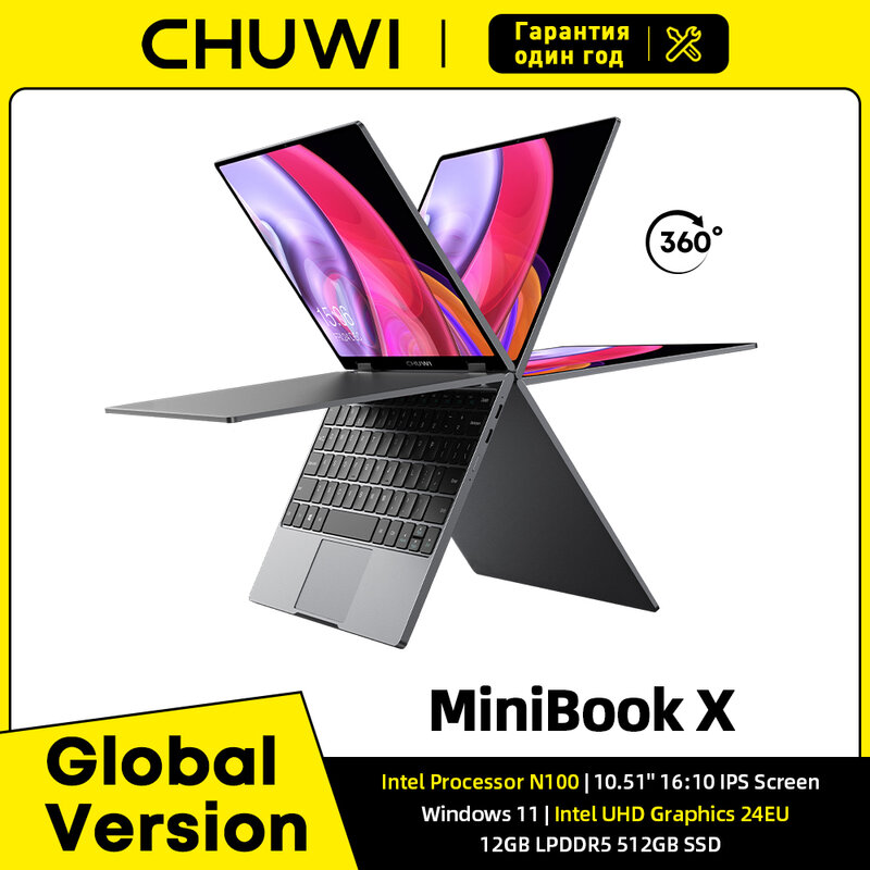 CHUWI-Tablette MiniPleX 2 en 1, Ordinateur Portable Windows 11, Mode Yoga, Intel N100, 10.51 Pouces, 12 Go LPDDR5, 512 Go SSD