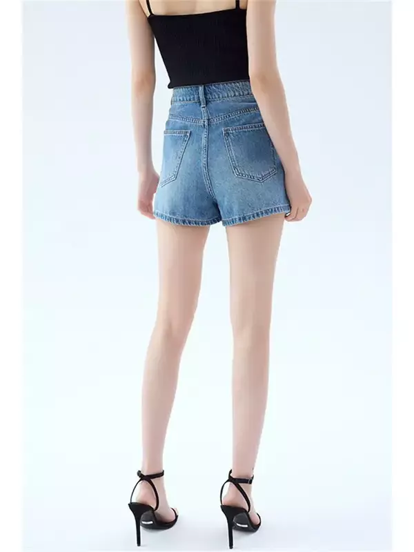 Shorts jeans reto de cintura alta feminino, com zíper voador, jeans curto casual que combina com tudo, duas peças falsas, verão