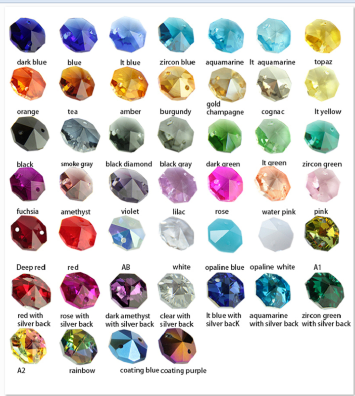 Perles de prisme octogonales en verre coloré pour éclairage en cristal, pièces de lustre, fête de mariage, 1 trou, 2 trous, 14mm, 10 pièces
