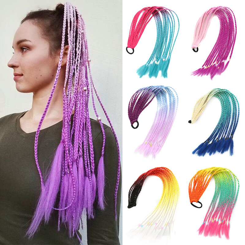 AZQUEEN cincin rambut sintetis 24 inci wanita, hiasan rambut poni kepang kotor dengan tali karet warna gradien