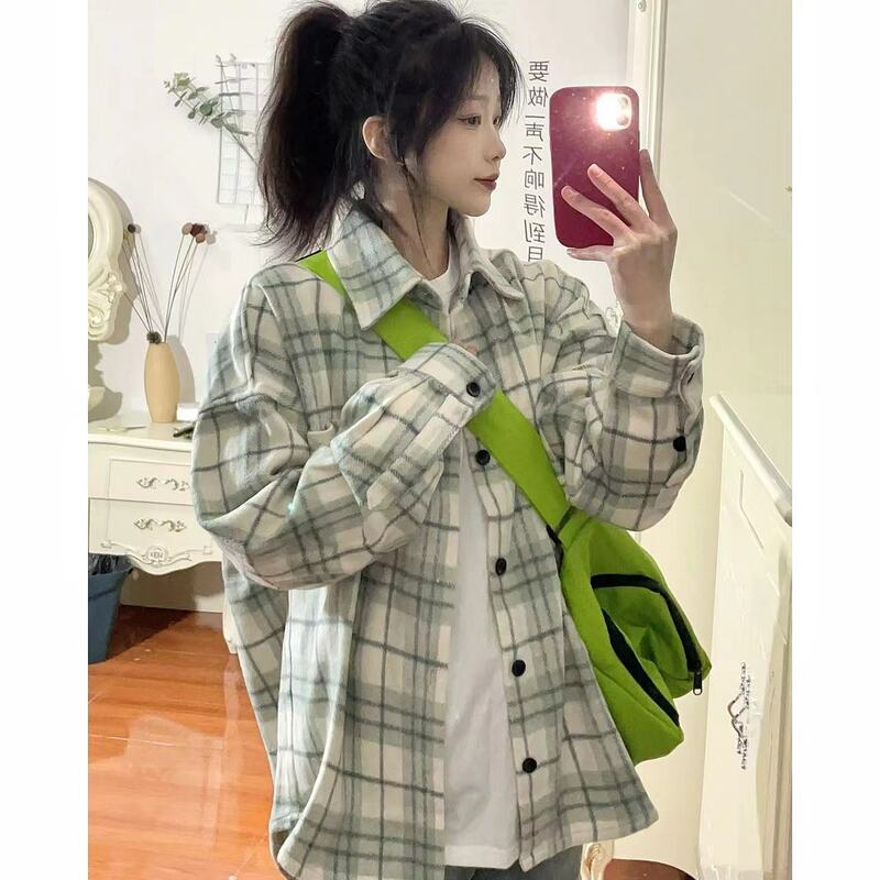 Miękka koszula piękne kurtki jesienne studentek w kratę luźne klasyczny Vintage w stylu koreańskim Harajuku wygodne