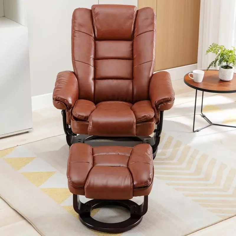 Swivel Ottoman Bonded Leather Recliner Chair and Foot Rest for Living Room, Home Theater, Man Cave, Bedroom-Round Mahogany Base-