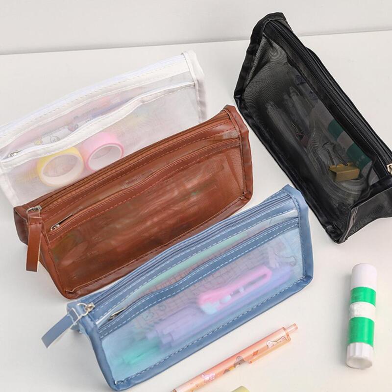 Transparente Double Layer Mesh Pencil Bag, Caso papelaria grande capacidade, material escolar