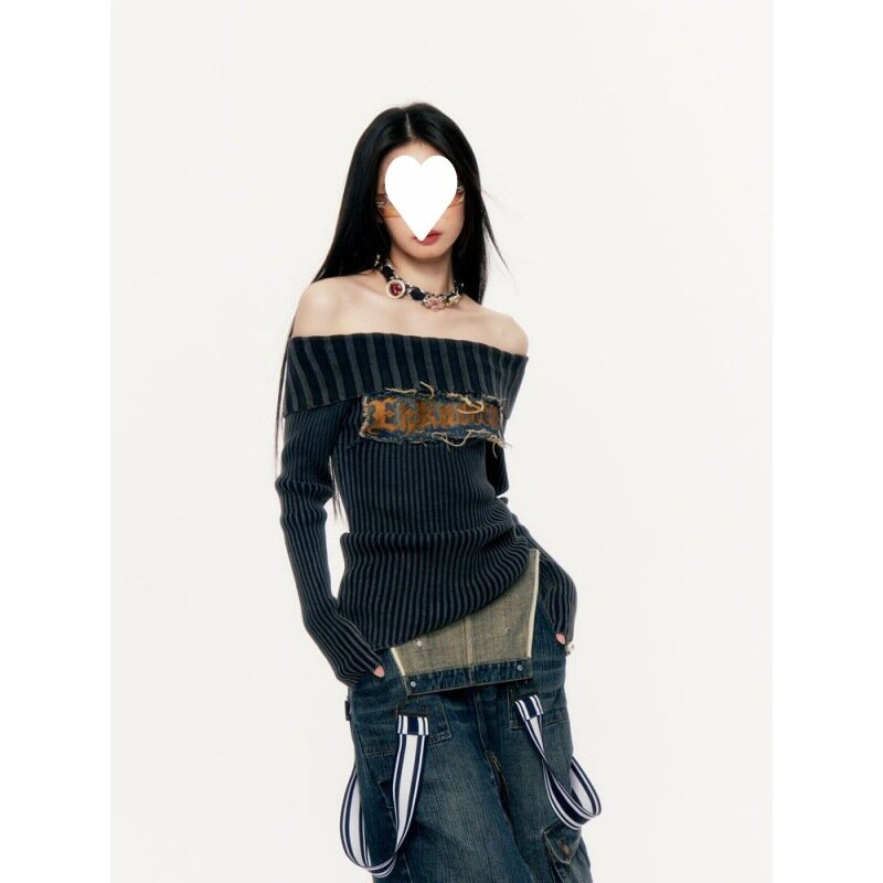 Sexy Slash Neck Vintage Brief Stickerei Gothic Sweater Mode Slim Fit Pullover y2k Punk Top Harajuku lässige Grunge Kleidung