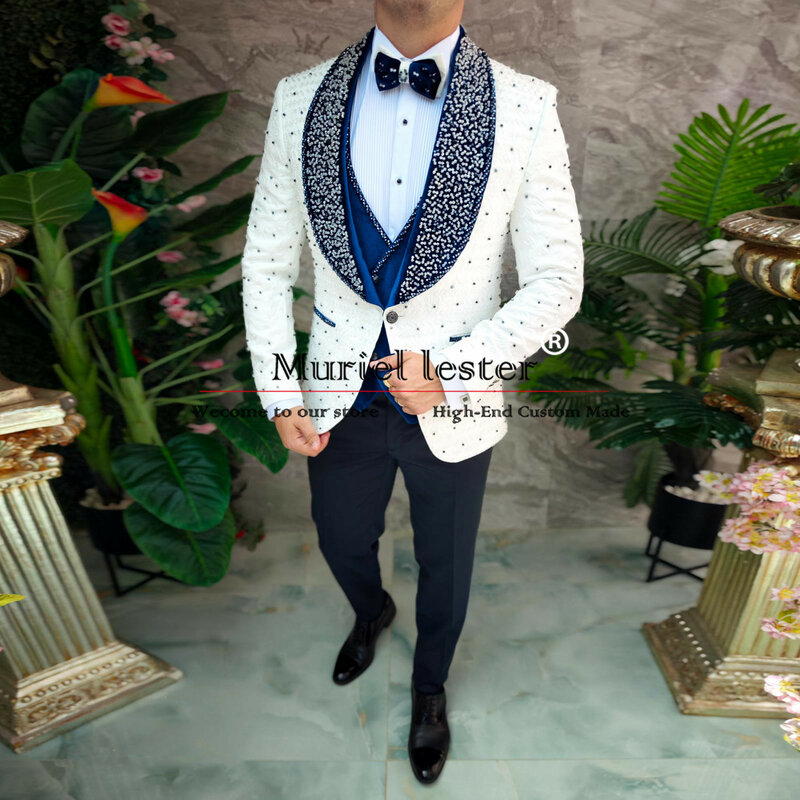 Jacquard Groom Wedding Suits For Men Luxury Crystals Beaded Jacket Vest Pants 3 Pieces Formal Groom Tuxedos Banquet Men's Dress