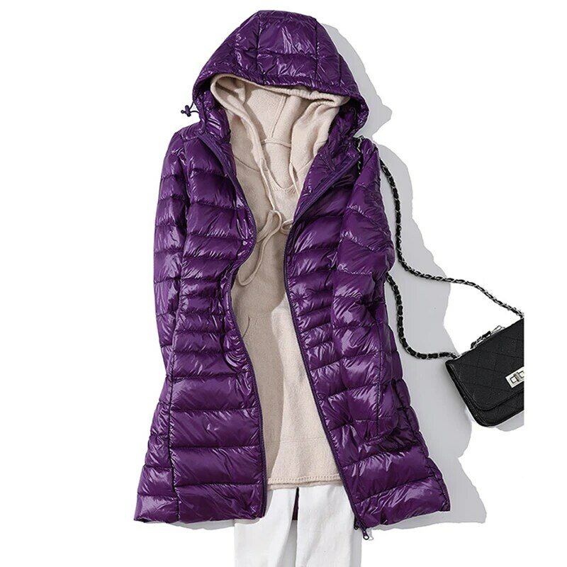 여성용 초경량 휴대용 파카, 화이트 덕 다운 후드, 슬림핏 단색 롱 다운 재킷, 가을 및 겨울