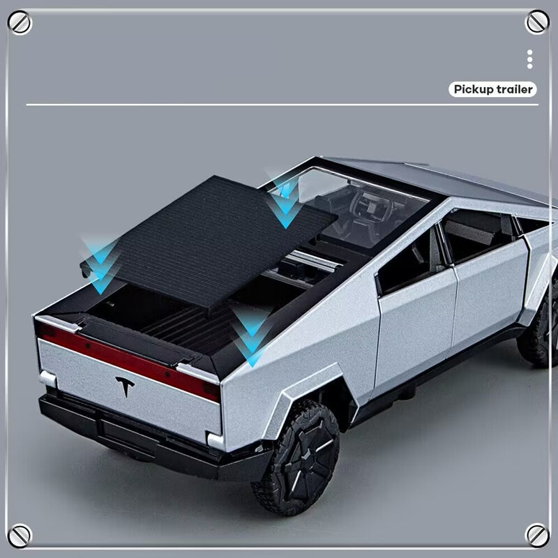 1/32 Tesla Cybertruck Pickup Trailer modello di auto in lega diecast giocattolo in metallo veicoli fuoristrada modello di camion suono e luce regali per bambini