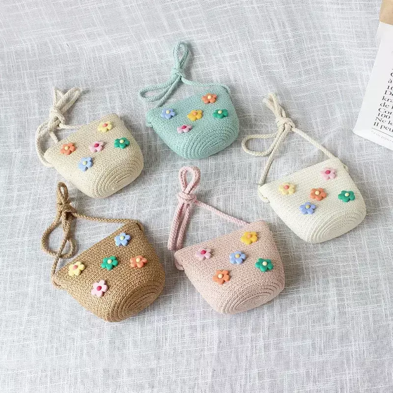 Children Straw Woven Messenger Bag Lovely Girls Small Purse Handbags Baby Kids Mini Shoulder Bags Princess Wallet Kids Purses