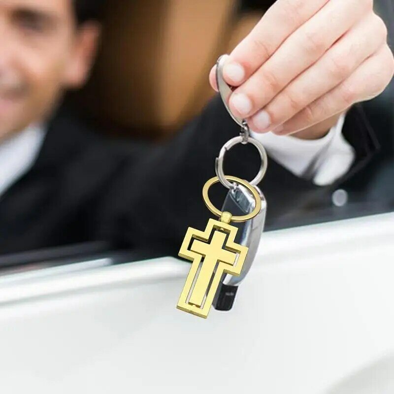 Simple Couple Metal Rotating Cross Keychain For Women Men Christian Pendant Friend Birthday Gift Religious Door Car Key Holders