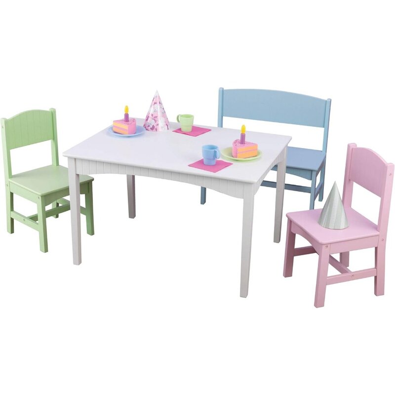 Drewniany stół dziecięcy z ławką i 2 krzesłami, wielokolorowy, meble dziecięce, zestaw stół i krzesło dla dzieci w wieku 3-8 lat
