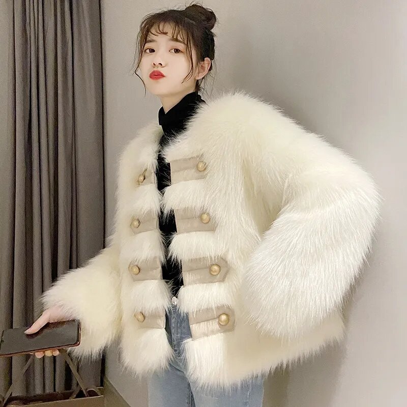 Casaco feminino de pele de raposa de imitação, casaco de inverno, jaqueta grossa, design de luxo, coreano, novo, 2023