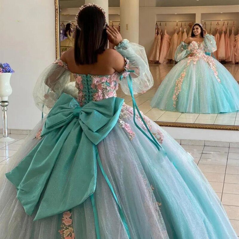 우아한 오프숄더 성인식 드레스, 화려한 3D 플라워 볼 가운, 반짝이는 스위트 16 세 공주 원피스 드레스
