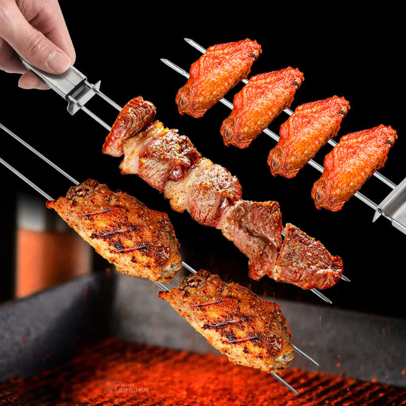 3 Way Grill Skewers Shrimp Skewers Grilling Stainless Steel Reusable Semi-Automatic BBQ Fork 2 Way Kebab Stick Kitchen Tools