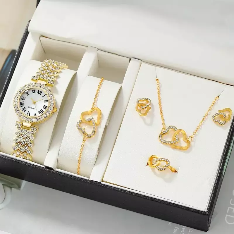 2/6pc Set Rose Gold Luxury Watch Women Ring Necklace Earring Rhinestone Fashion Wristwatch Casual Ladies Bracelet Watches