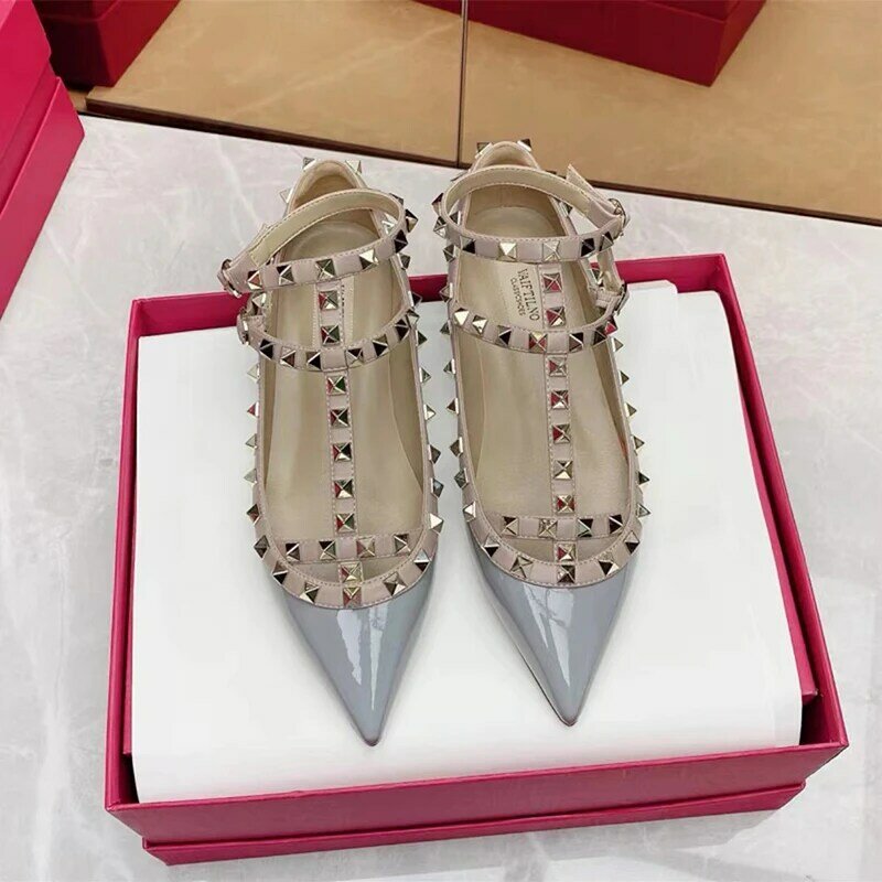 Women's Flat Shoes Luxury Brand Rivet Shoes Designer Pointed Toe Ankle Strap Ladies Casual Comfortable Flat Heel Shoes With Box