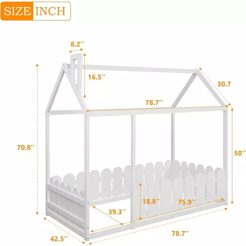 Children's Bed Frame, Twin Size with Roof and Fence, Easy Assembly, Children's Bed Frame