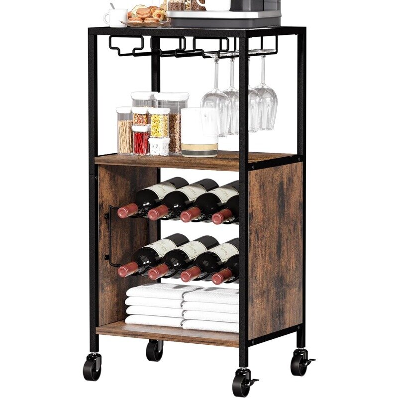 Carrito de vino pequeño con soporte de vidrio, mesa lateral para servir bebidas rodante, barra de madera y Metal marrón rústico