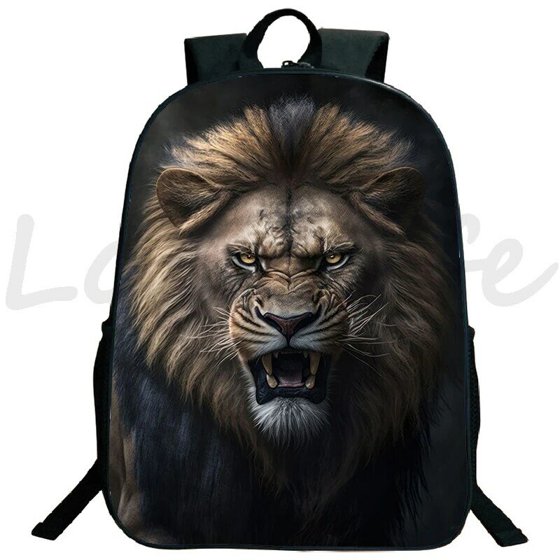 Mochila con diseño de León y Lobo para niño y niña, morral escolar para adolescentes, bolsa de viaje diaria para ordenador portátil