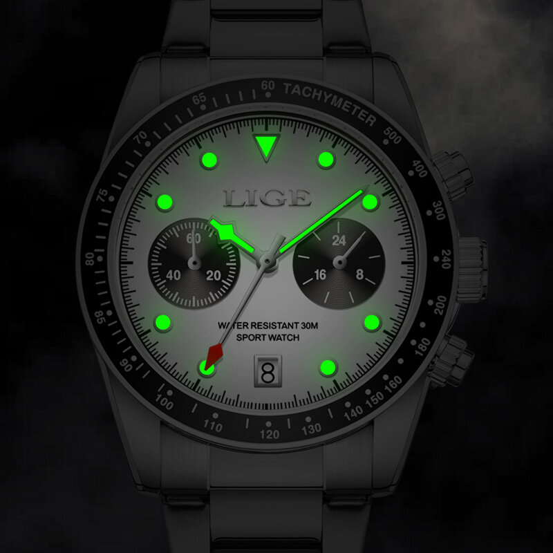 Lige-メンズステンレススチールクォーツ時計,発光,防水,カジュアル,男性