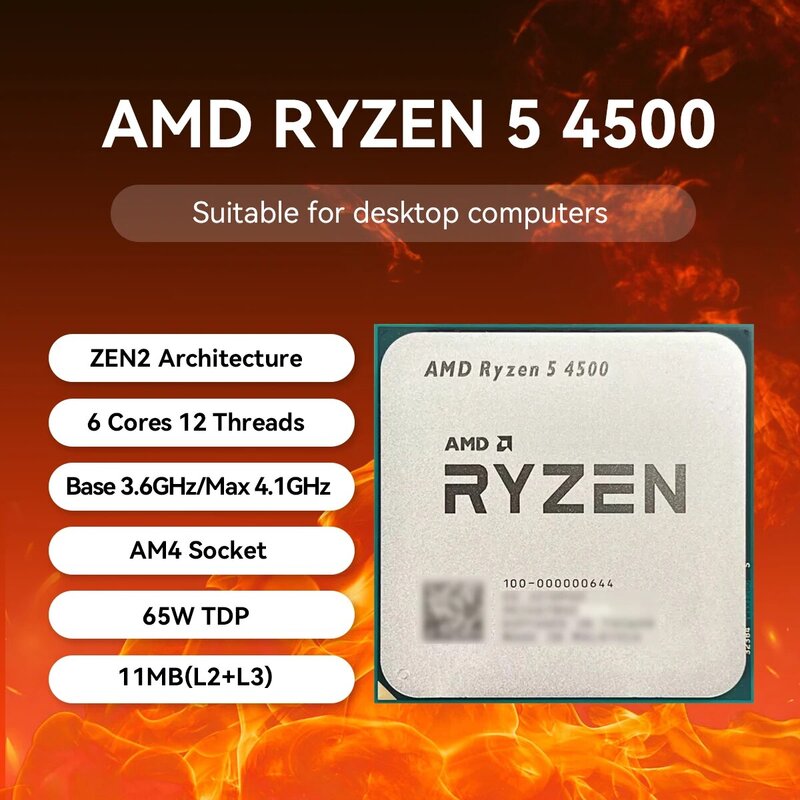 AMD Ryzen 5 4500 3.6GHz 베이스 클록, 6 코어 12 스레드 데스크탑 프로세서 CPU, AM4 소켓, 통합 그래픽 없음, 방열판 선풍기 없음