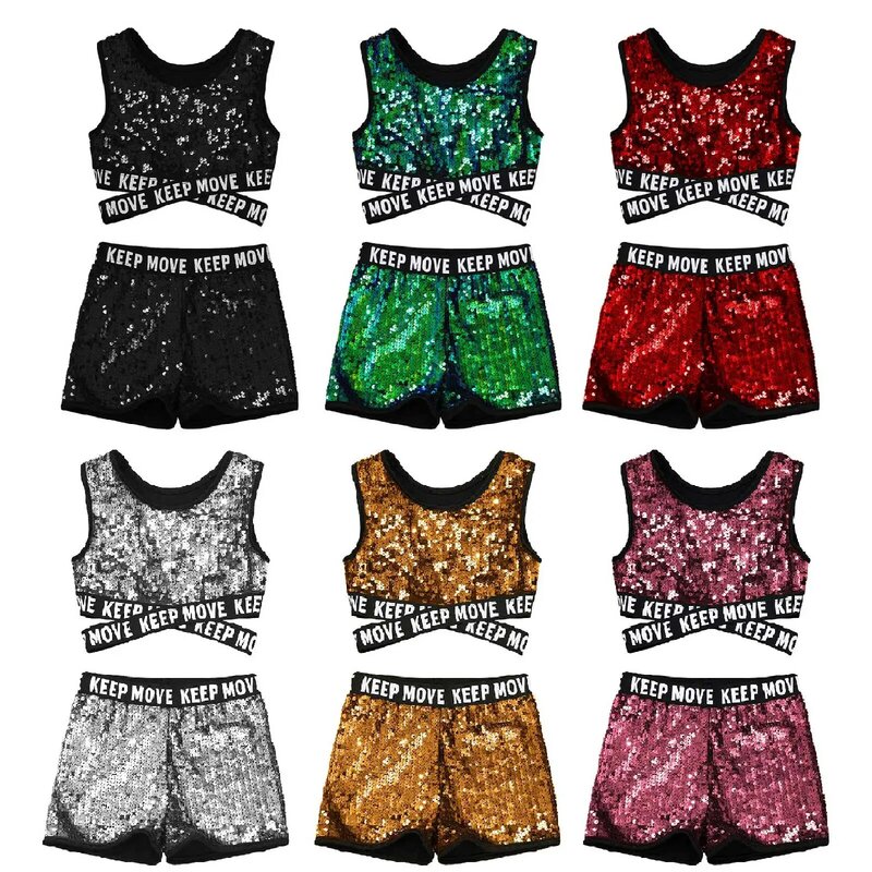 Kids Girl Hip Hop Street Jazz Dance Performance Costume Shiny paillettes Outfit senza maniche Crop Top con pantaloncini Dancewear Sportswear