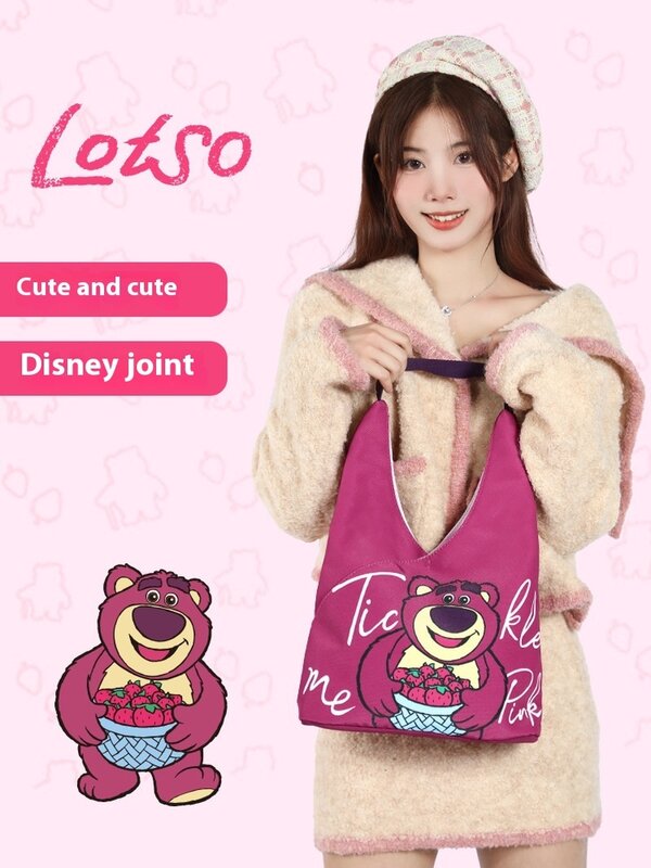 Tas tangan samping beruang stroberi baru 2024 tas tangan bahu lebar tali bahu kartun Anime tas kanvas wanita lucu