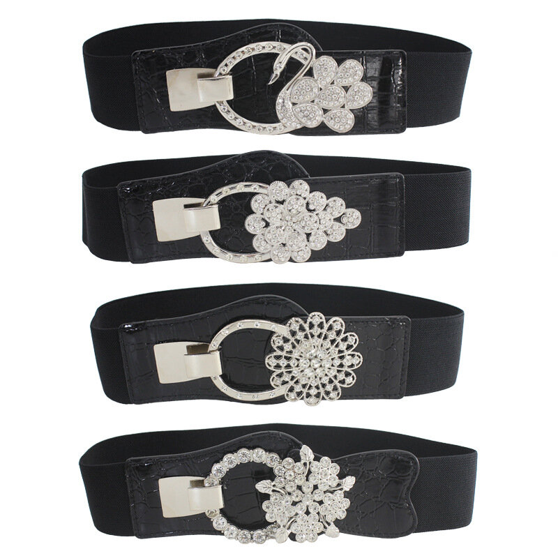 Women Fashion Dress Decorative Waist 5cm Black Elastic Wide Belt Flower-shaped Diamond-studded Pair Buckle Elastic Girdle