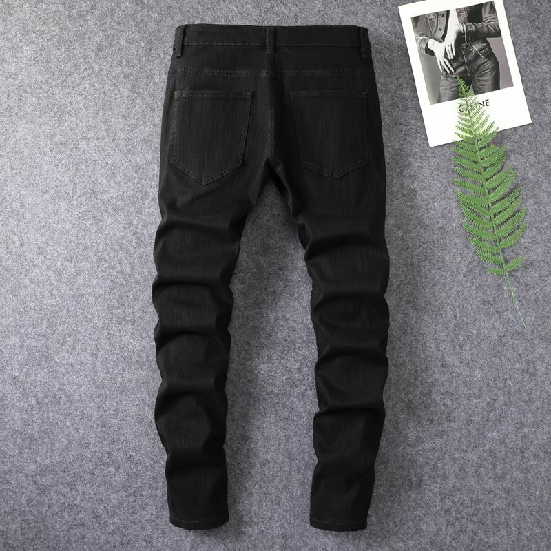 MEN'S HIGH END light luxury water washed youth fashion casual straight cut hole patch elastic versatile slim fit denim pants