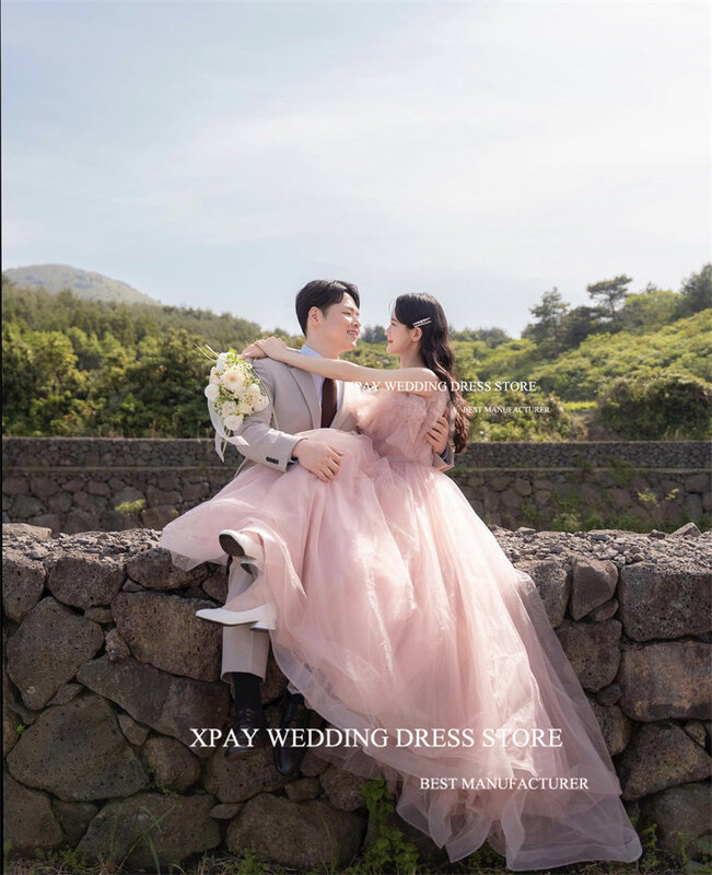 XPAY 프린세스 블러쉬 핑크 소프트 얇은 명주 그물, 한국 웨딩 드레스, 사진 촬영 프릴 플리츠 스파게티 스트랩, 파티 이브닝 무도회 가운