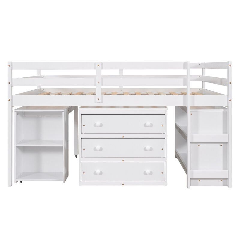 Cama completa de estudio bajo con armario, estantes y escritorio portátil rodante, cama de múltiples funciones, blanco