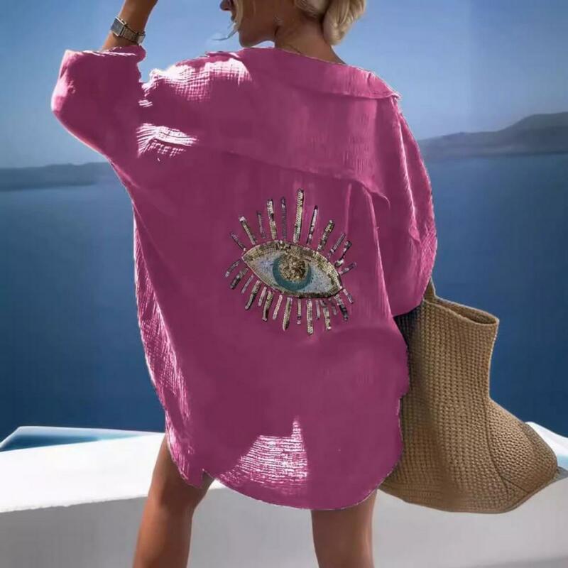 Женская рубашка с блестками и вышивкой, декорированная блестками рубашка-пальто с длинным рукавом и отложным воротником, свободная верхняя одежда для весны и лета