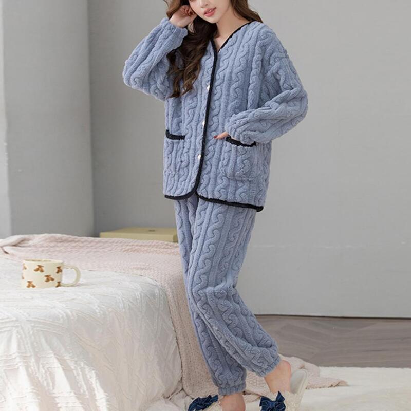 Women Pajama Set Cozy Winter Pajamas Set for Women Plush V Neck Coat Loose Pants Homewear Suit Winter Homewear Set