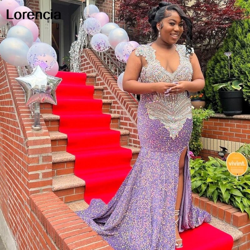 Lorencia Glitter Purple Sequins Prom Dress For Black Girls 2024 High Slit Silver Crystal Beaded Party Gown Robe De Soiree YPD133