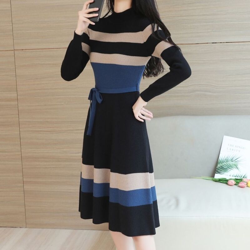 autumn winter new goddess thickening spliced long sleeve pullover striped knee-length Dresses lace-up bow half high collar slim