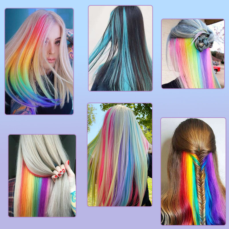 Extensões sintéticas do cabelo do destaque colorido para mulheres, hairpieces retos longos do arco-íris para meninas, crianças, roxo, rosa, azul, 22"