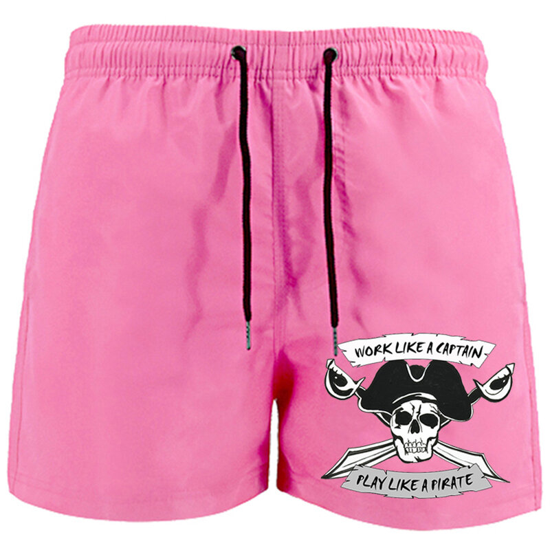 Shorts esportivos masculinos e femininos, padrão de caveira do capitão pirata, shorts de natação, shorts de surf, moda praia, verão, 2024