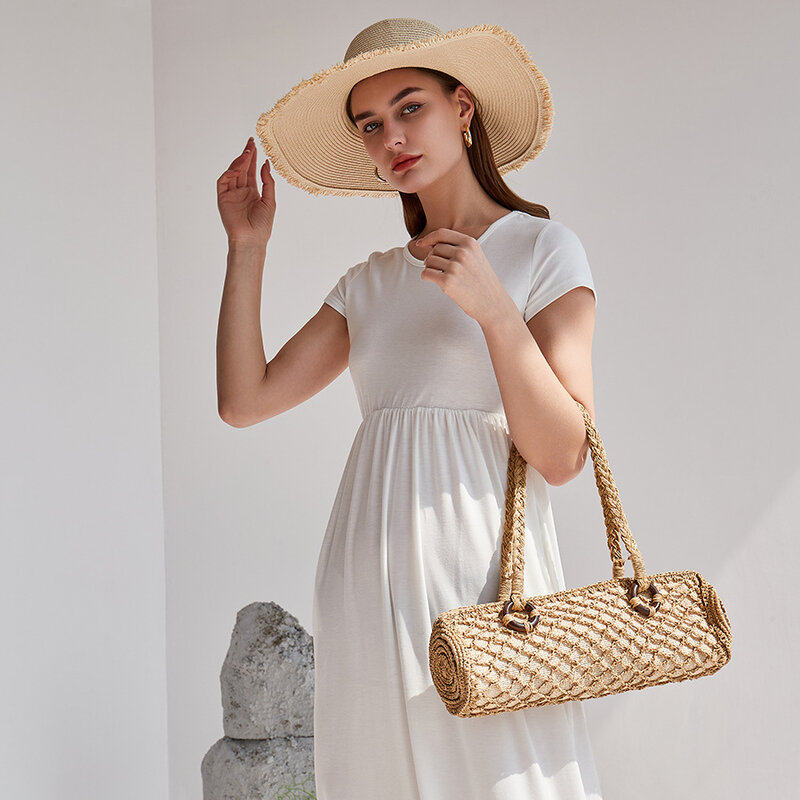 여성용 통나무 모양의 긴 핸드백 밀짚 숄더백, 해변 및 휴가용 탑 핸들 포함, 럭스 복제품, 2023 여름