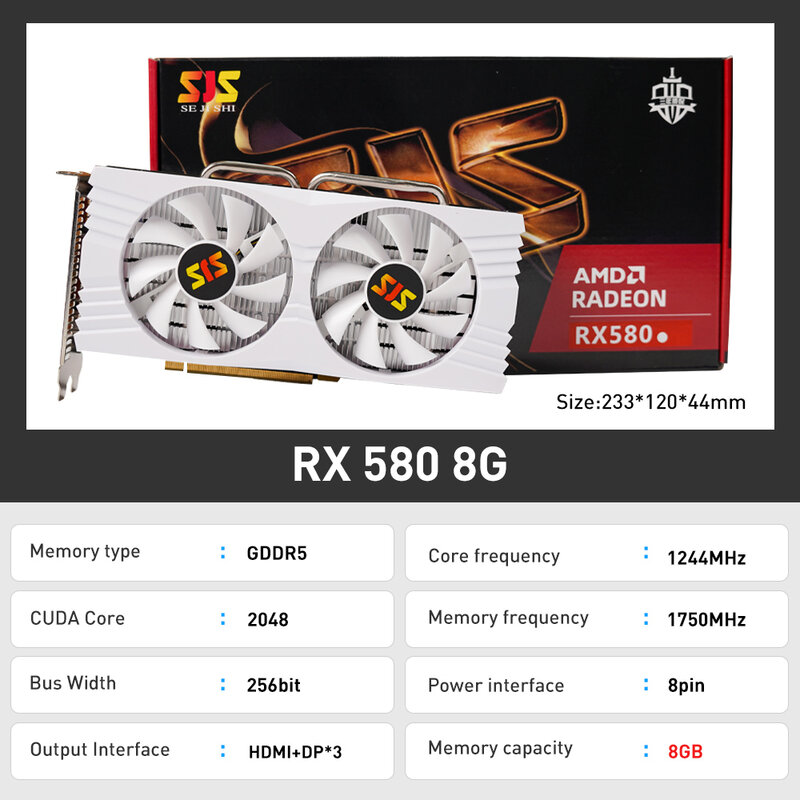SEJISHI-SJS RX 580 Gaming Card, 8GB, 2048SP, 256Bit, GDDR5, AMD Radeon, RX580, 8G, Placa de vídeo gráfica, PC HDMI, Promoção