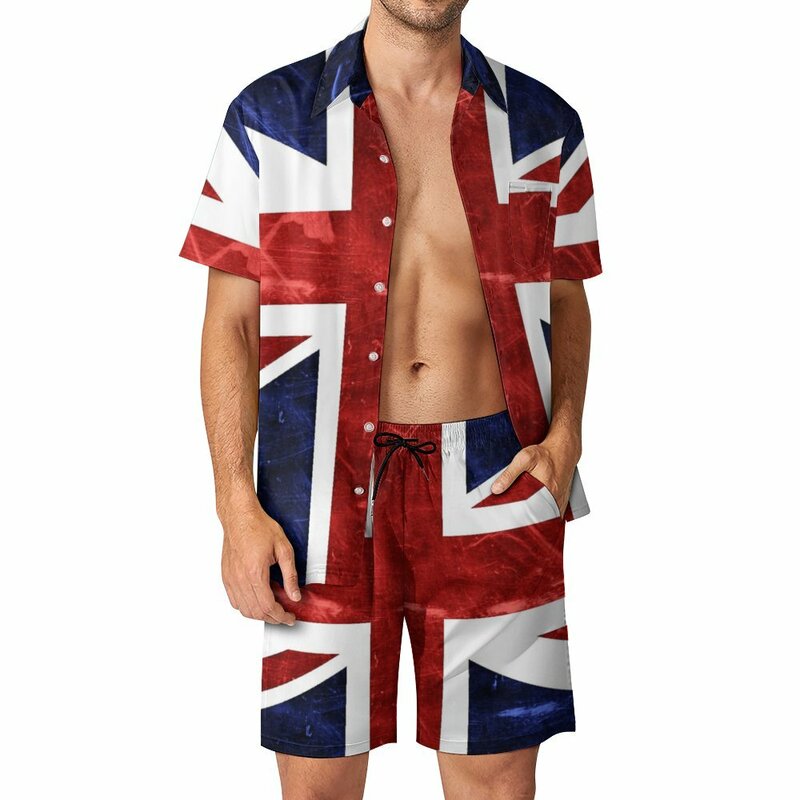 Fato de praia grunge Union Jack Flag masculino, pantdress gráfico vintage, indo para fora, alto grau, tamanho Eur, 2 peças