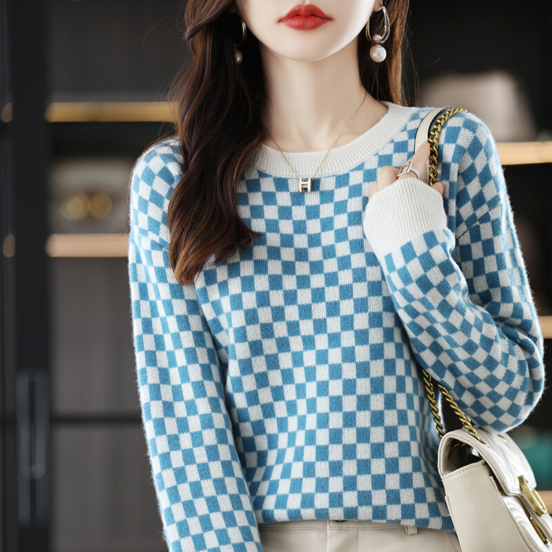 Autumn Winter Knit Women's High Quality Sweater Pullover Round Neck Loose Checkered Pure Wool Chic Stitching Bottoming Shirt